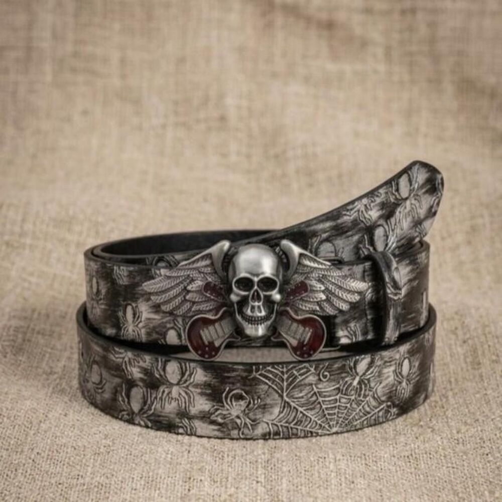 Silver skull with wings and guitars belt with buckle